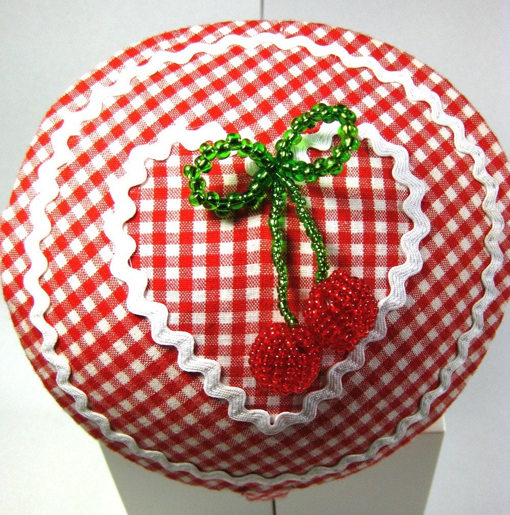 Cherry Cheesecake Gingham Headband Handmade by Samantha Sultana - Beaded Glass,Rhinestone,Prom,Pin Up,Rockabilly,Burlesque,Cocktail,Ascot
