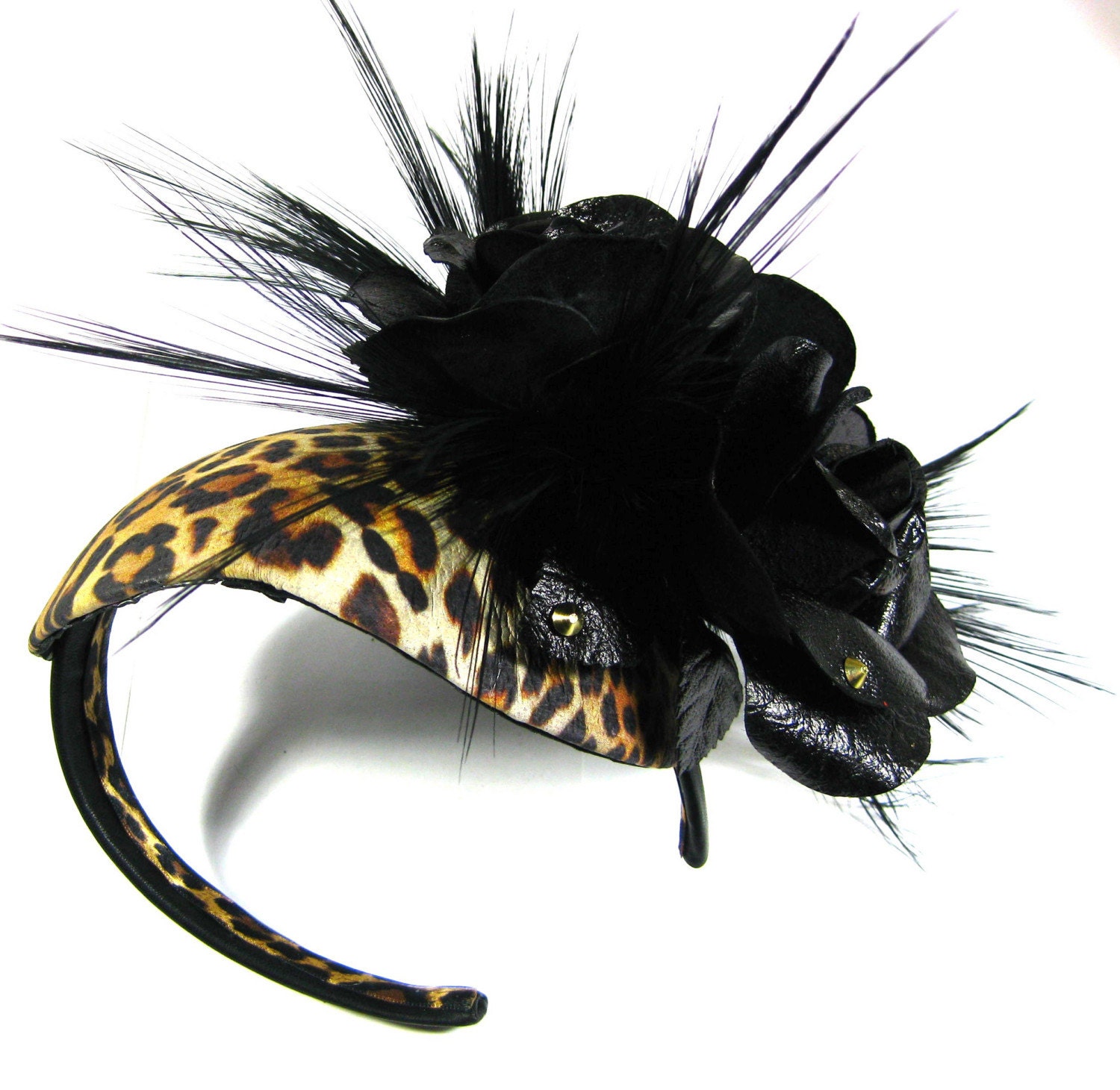 Lady on The Prowl Leather Leopard Studded Rose Headpiece Handmade by Samantha Sultana