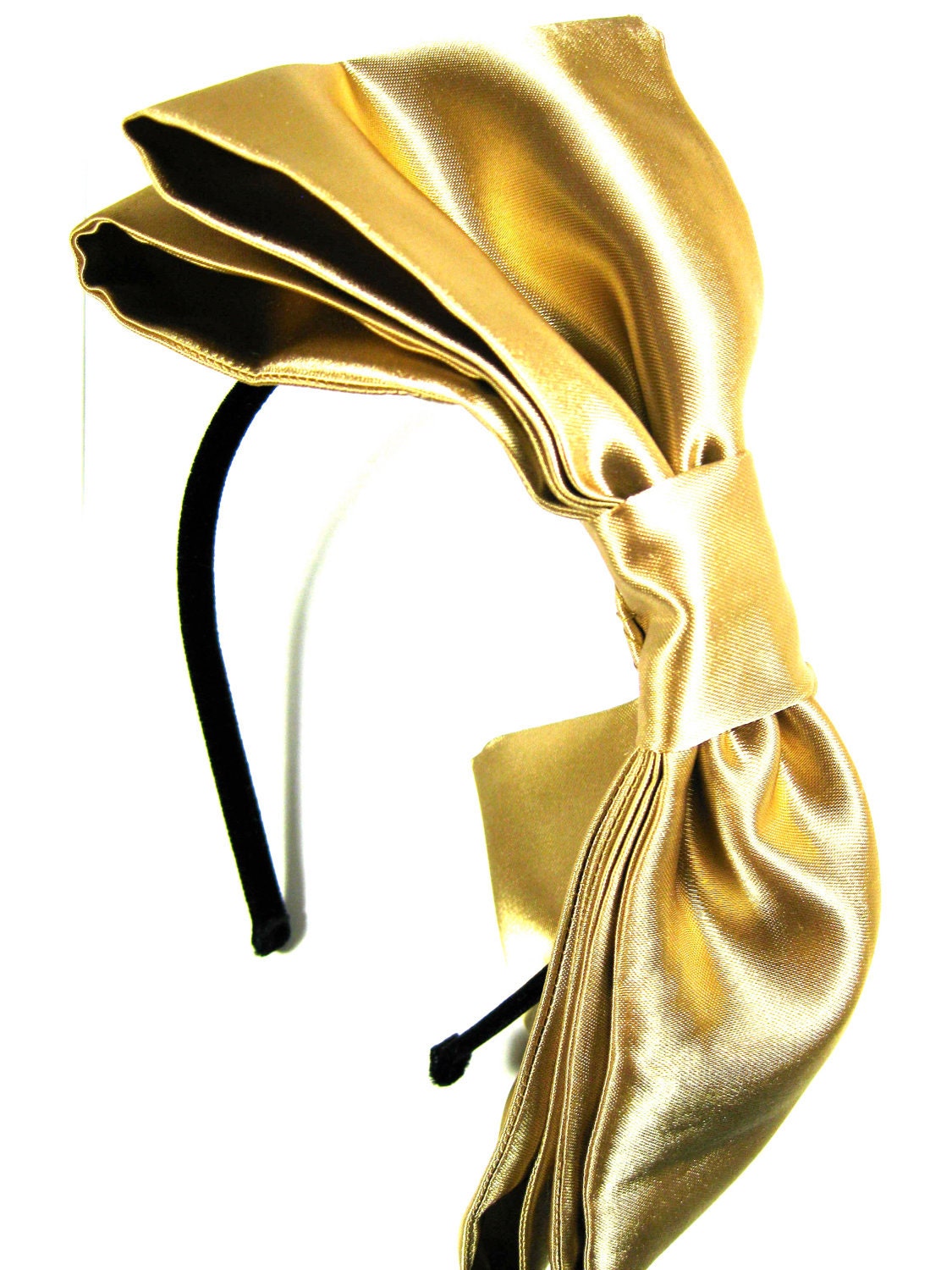It's To Darn Hot Gold Satin Bow by Samantha Sultana - Large,Giant,Rockabilly,Lolita,Costume,Minnie Mouse,Catwalk,Burlesque,Bridal Headband