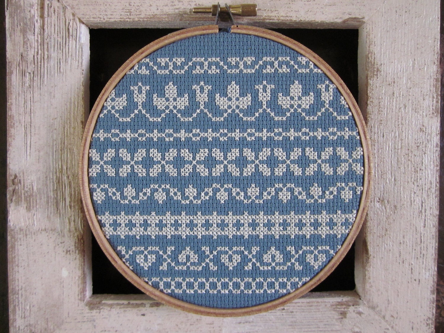 borderlines --- diy cross stitch kit border sampler, materials and pattern, to be framed in included 5.25 inch wooden embroidery hoop