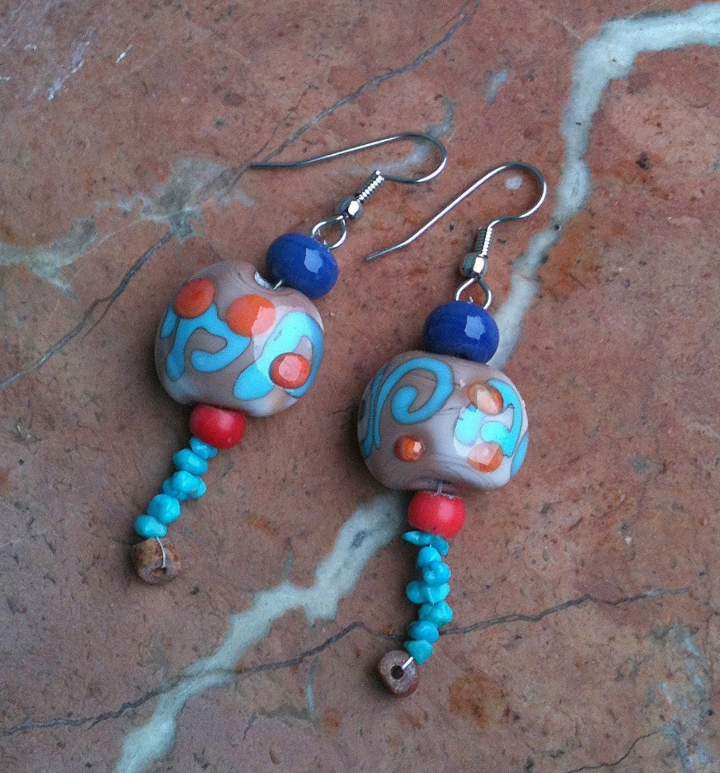 Lampwork, turquoise coral tribal earrings CGGE SRA