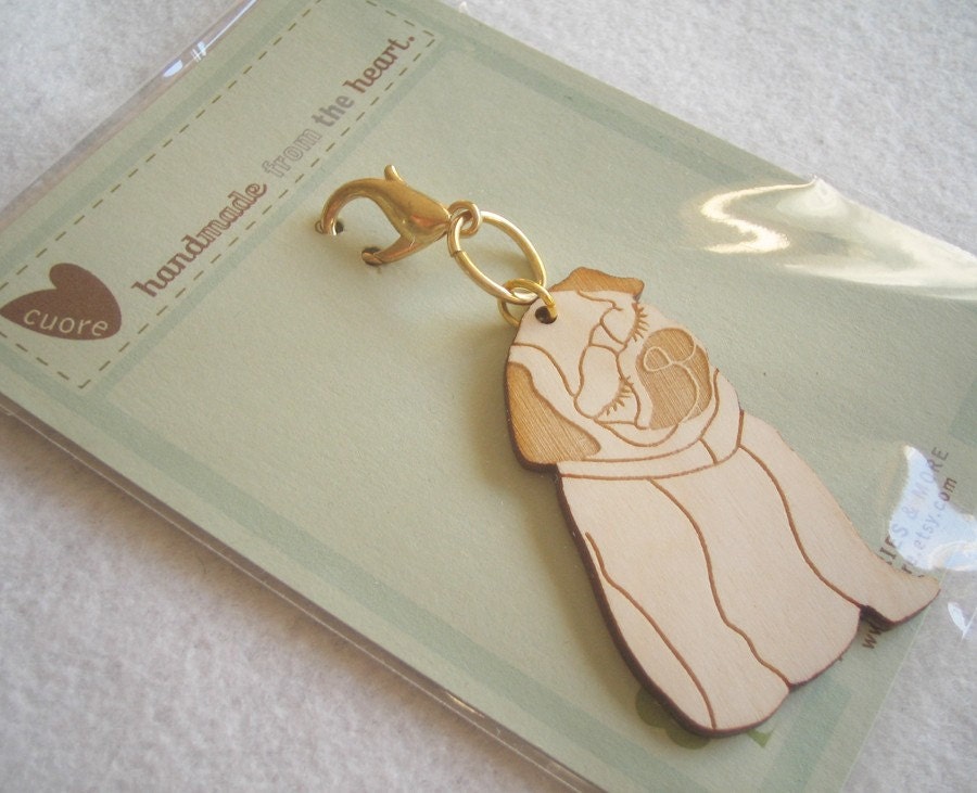 Mimi the Pug Wooden Engraved Keychain Zipper Pull with Card Packaging