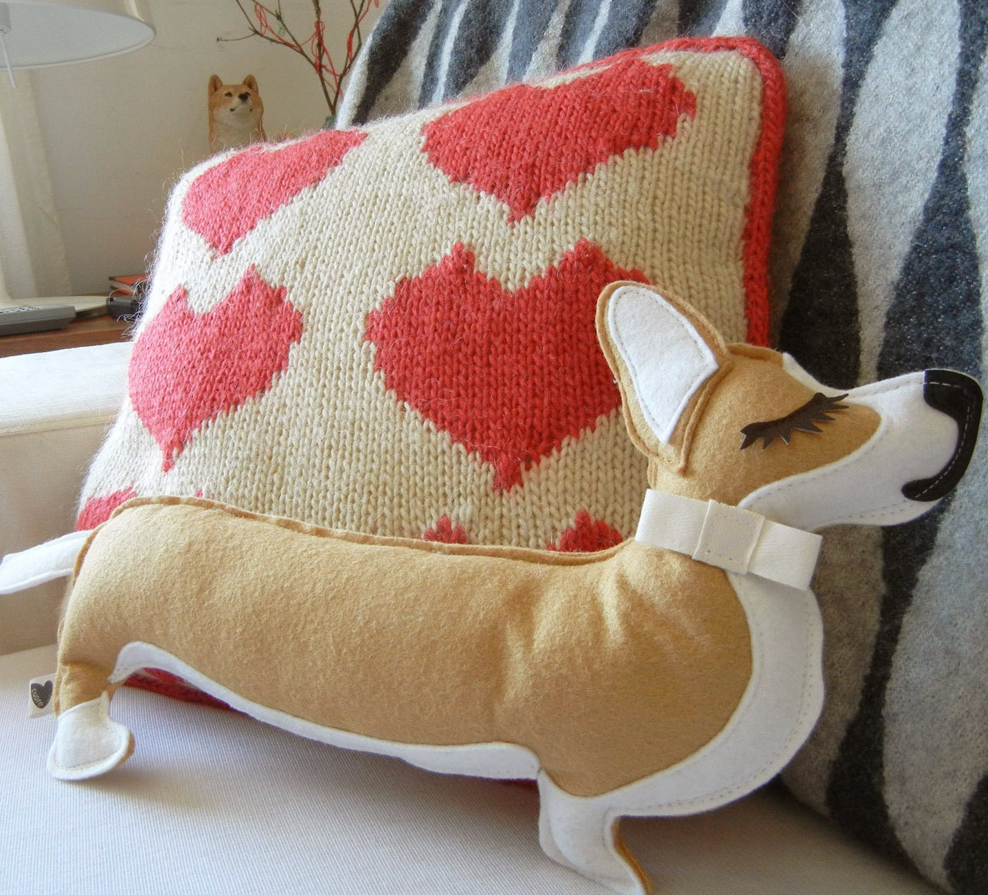 Jer Jer the Welsh Corgi Dog Wool Felt Applique Plush Doll Pillow