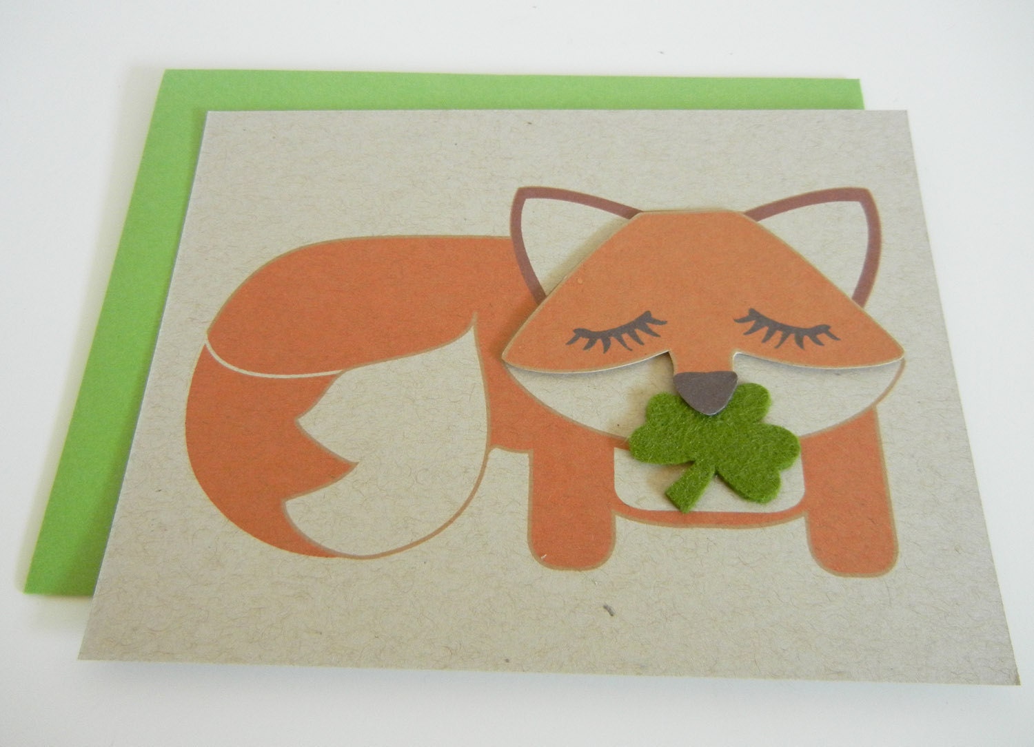 Good Luck Grayson the Fox Felt 3 Leaf Clover Note Card with Envelope