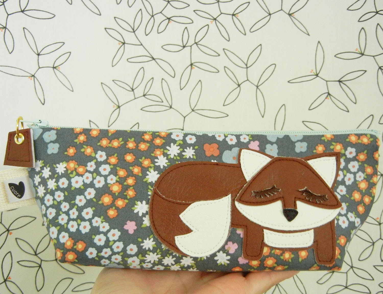 Grayson the Fox Grey Charcoal Multi Floral Vintage Inspired Cotton Canvas Carry all Case with Vinyl Applique