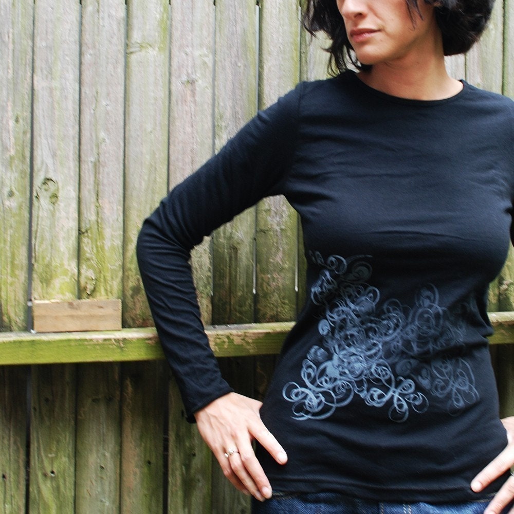 Silkscreen womens tshirt, black long sleeve, double deco design, S-XL, womans top