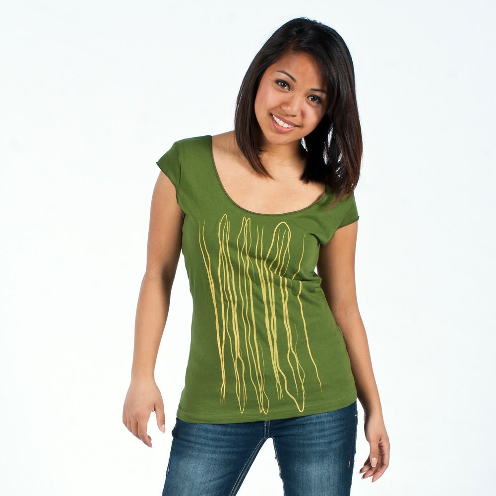 Silkscreen womens tshirt, olive green cap sleeve tshirt, strings design, S-XL, womans top, graphic tee