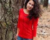 Womens silkscreen tshirt, red shirt with strings design, 3/4 sleeve shirt for women S-XL, graphic tee