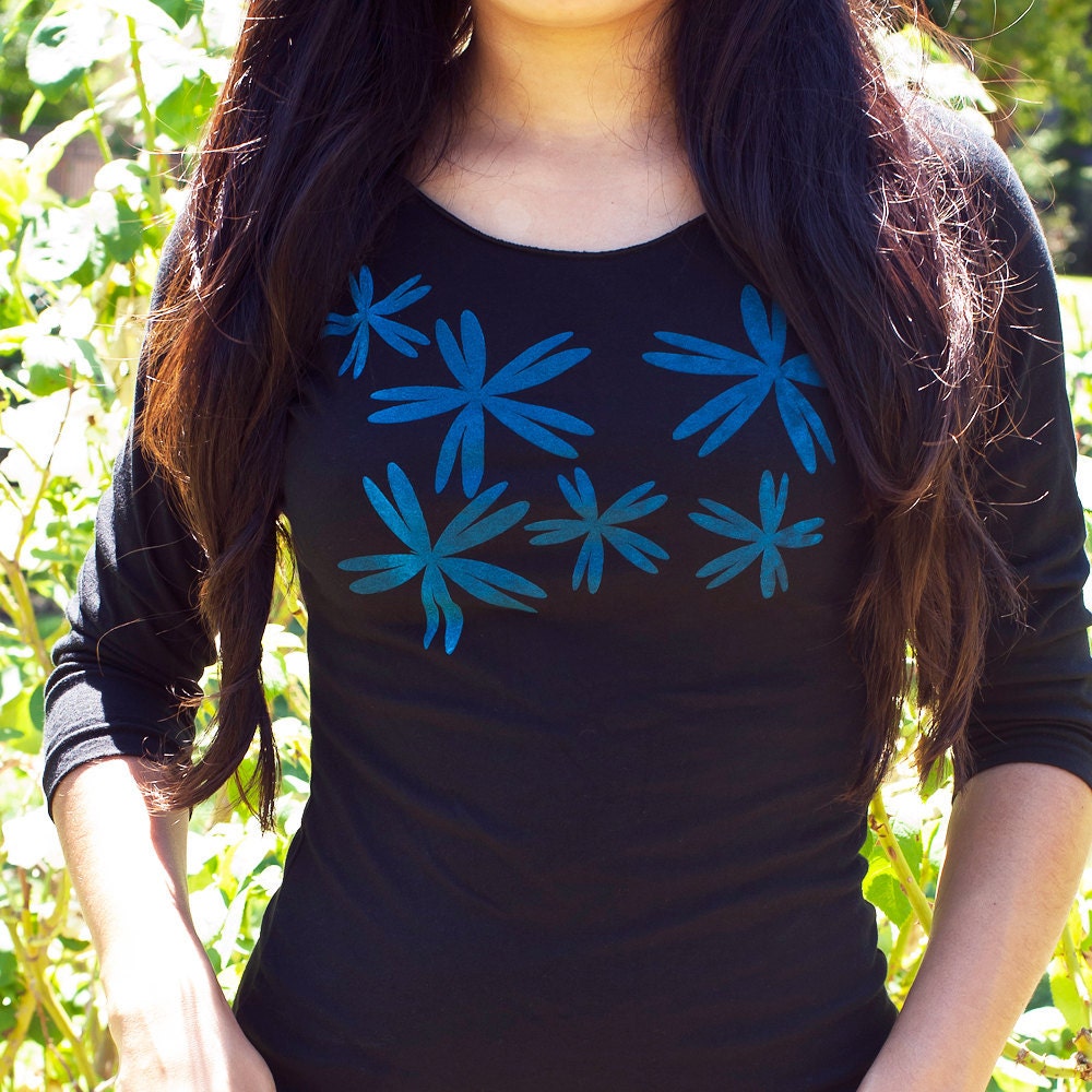 Black silkscreen womens graphic tshirt, 3/4 sleeve tee shirt, scattered flower design, S-XL womens top