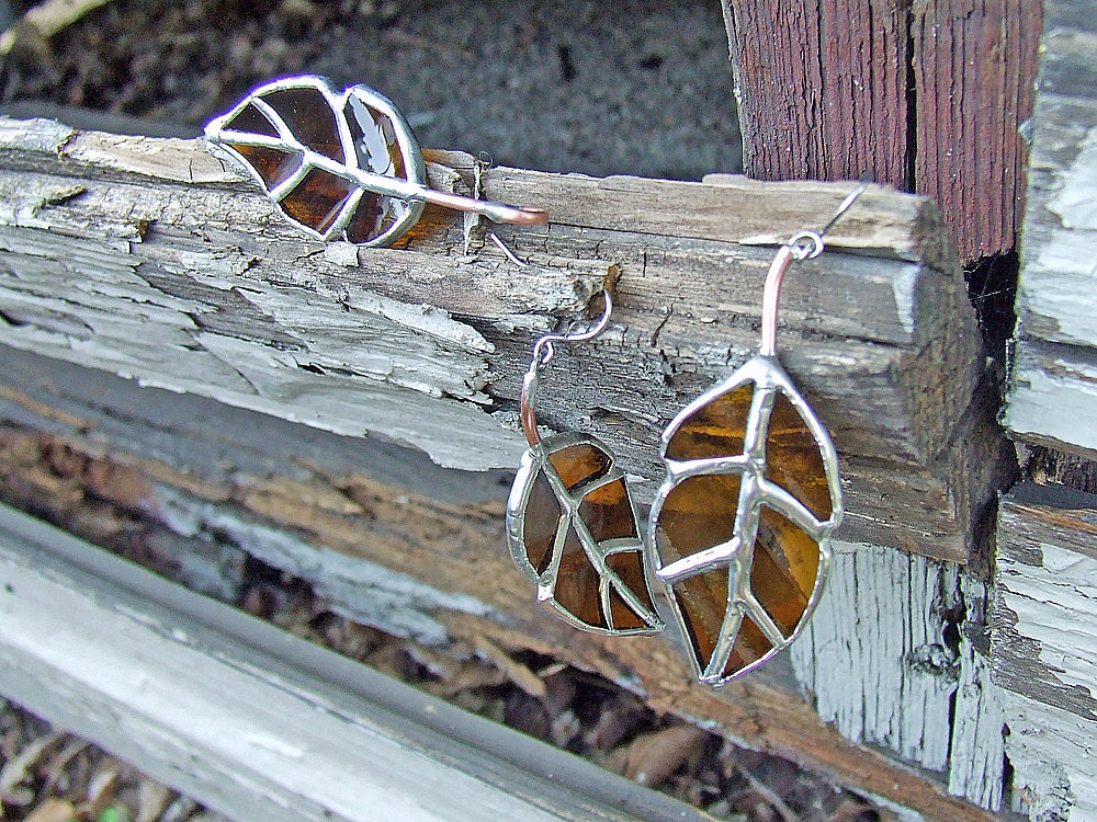 Elm Leaf Earrings and Pendant from Two Hearted Ale Bottle