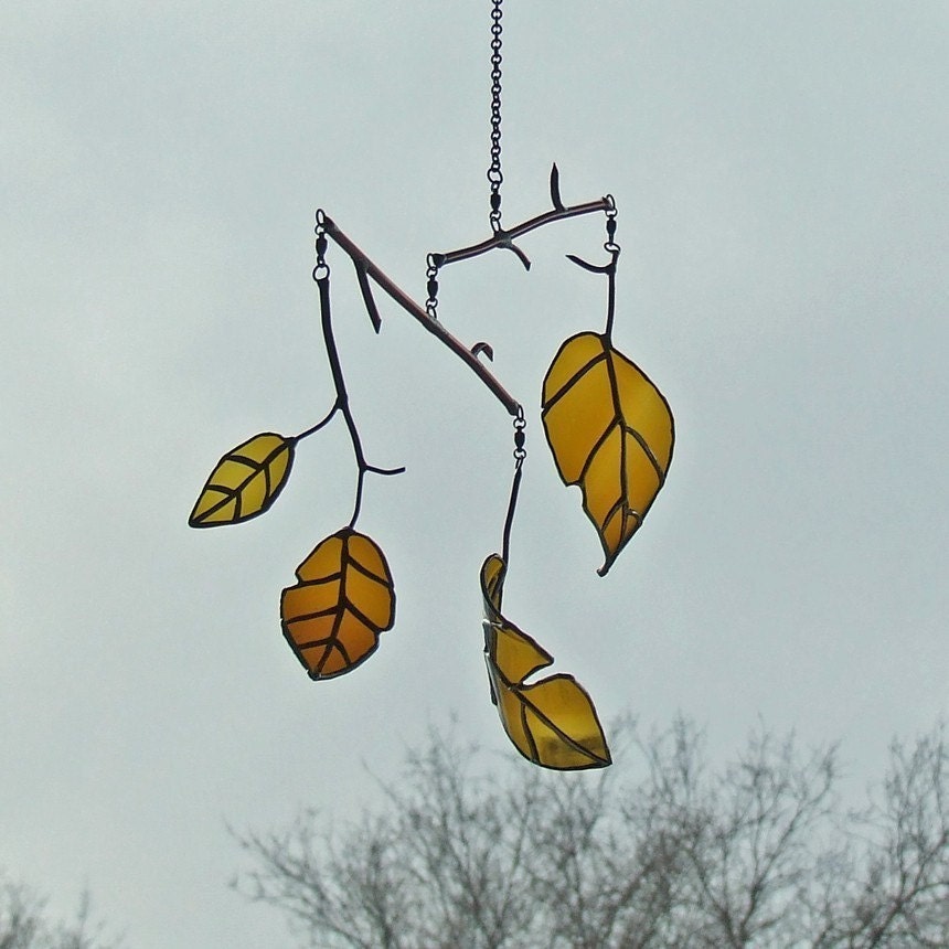 Elm Leaf Mobile from Reclaimed Amber Beer Bottle Glass