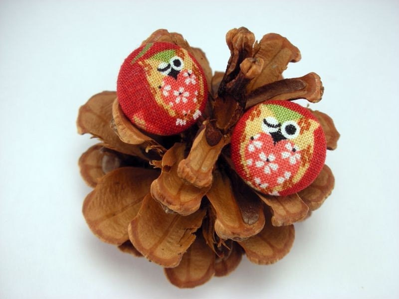 Wink Wink Adorable Japanese Fabric Button Owl Post Earrings