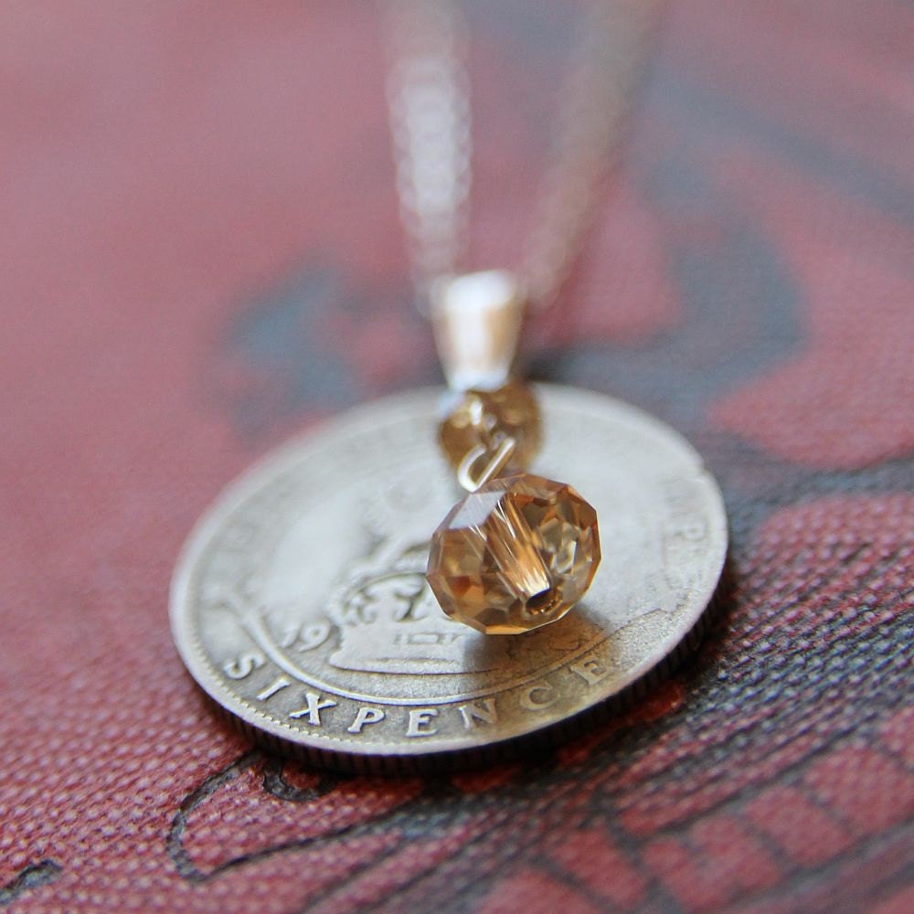 Sixpence Necklace with Vintage Coin, Swarovski Crystal and Sterling Silver