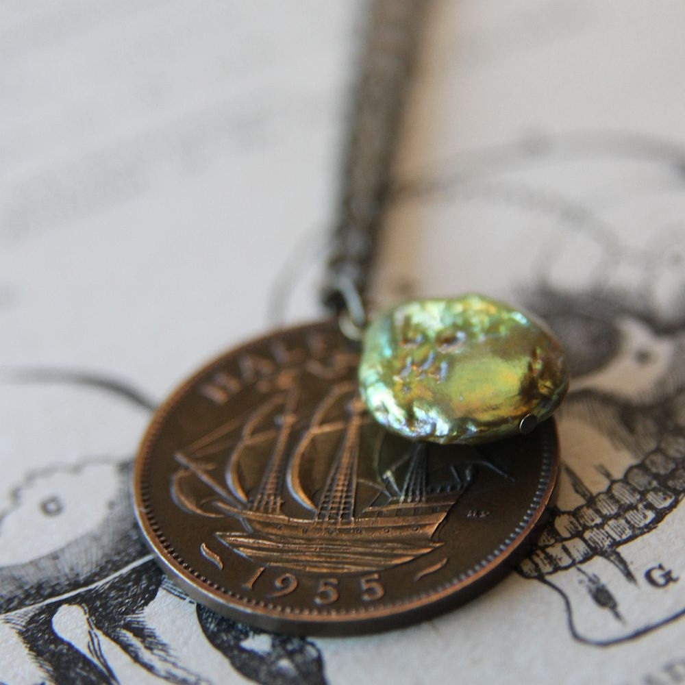 Sailing Necklace with Vintage Coin and Freshwater Coin Pearl