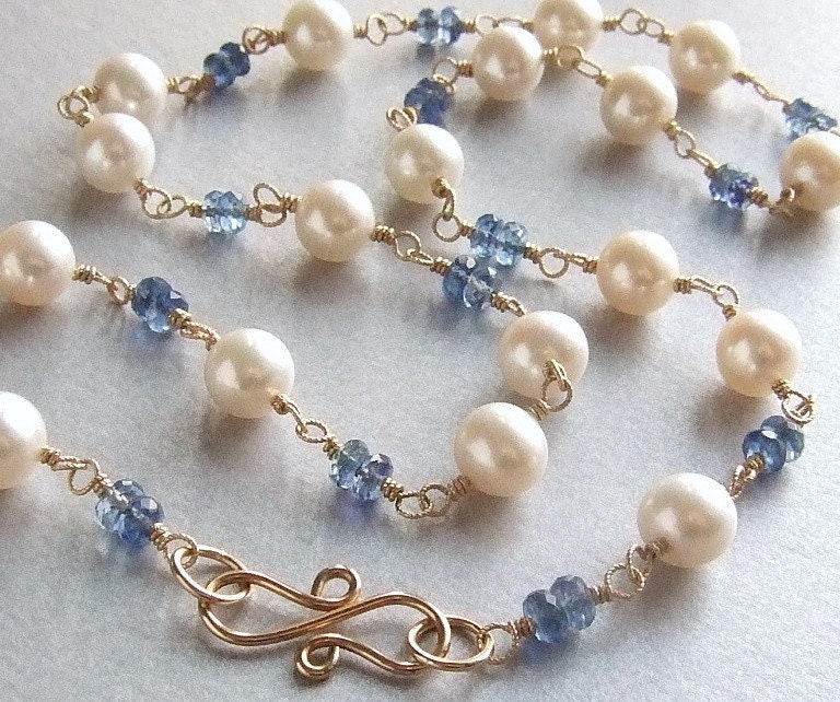 Elegant Pearl Necklace in Gold with Cobalt Blue Kyanite, Freshwater Pearl Necklace, Wire Wrapped Jewelry