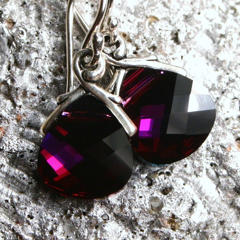 Firebird ... Burgundy Maroon Ruby Heliotrope Flat Teardrop Briolette ... Handmade Petite Dangle Earrings