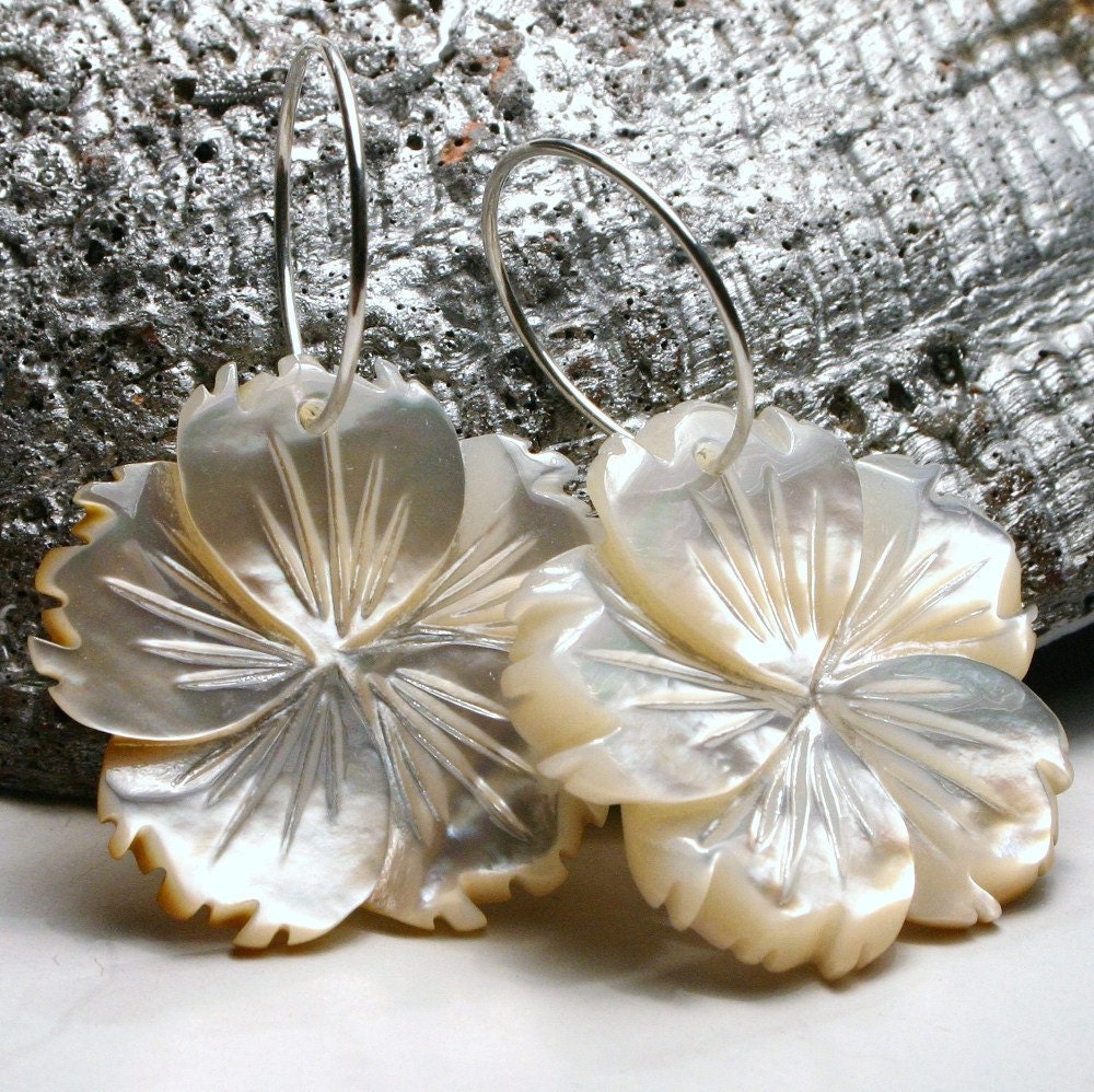 Carved Hibiscus Tropical Island Flower Mother of Pearl on Simple Sterling Silver Hoops ... Hawaiian Earrings ... Aloha