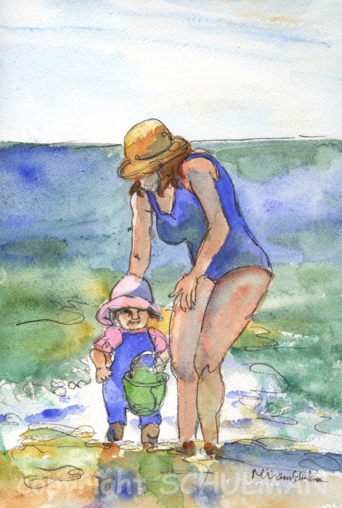 Mother and Child Beach Scene Watercolor Print 11x14 matted print Coney Island
