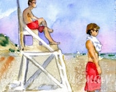 Wellfleet, Cape Cod, watercolor PRINT, Lifeguards on the beach classic red, sand dunes blue sky