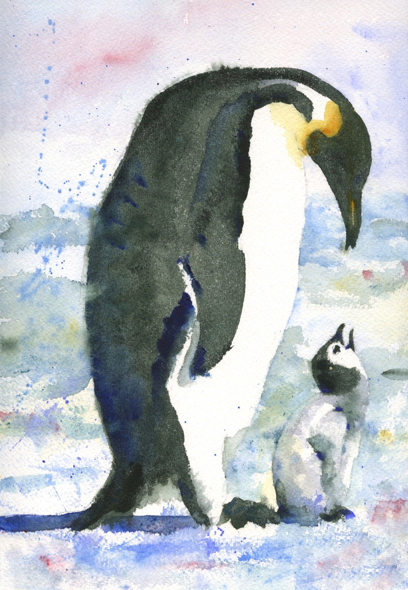 ORIGINAL Penguin PAINTING, watercolor art of baby bird wildlife 11x14" matted art, black and white, ice blue, gray