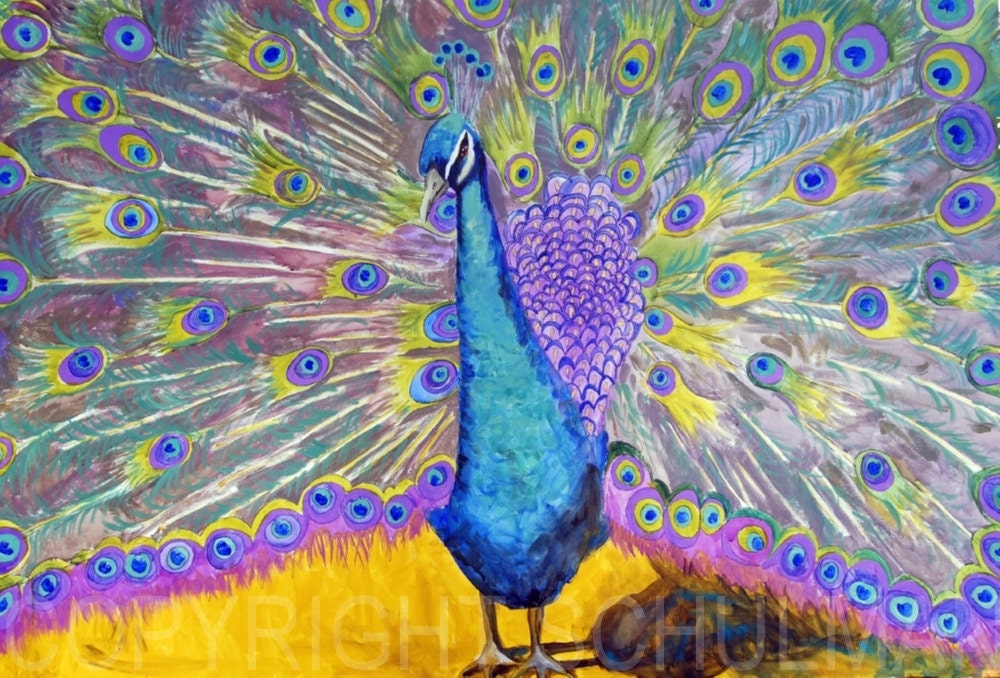 purple art, Peacock Painting Decor PRINT purple, turquoise blue pastel decor