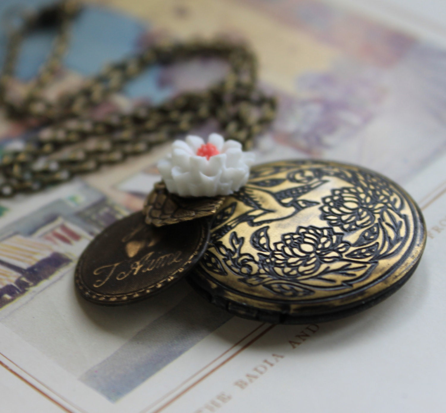 Charm Necklace, Locket, Brass, Je T'Aime, Romantic, Flower, Vintage Inspired