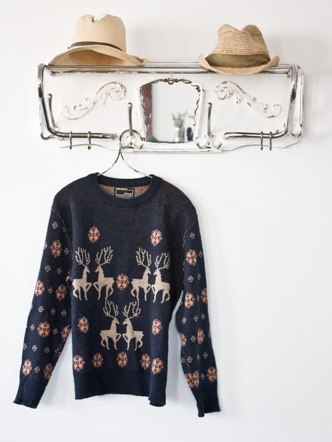Vintage Deeir Print Knit Sweater Sz S/M 1960s