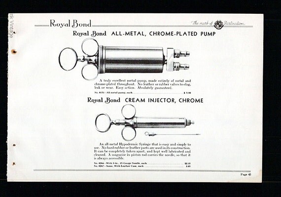 Morgue Mortician Funeral Home Macabre Creepy Pump Hypodermic Syringe Instruments 1930s Royal BondA Catalog AD