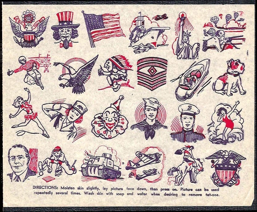 1940s TATTOOS Sheet WWII era Uncle Sam Flag Eagle Plane Military Soldiers