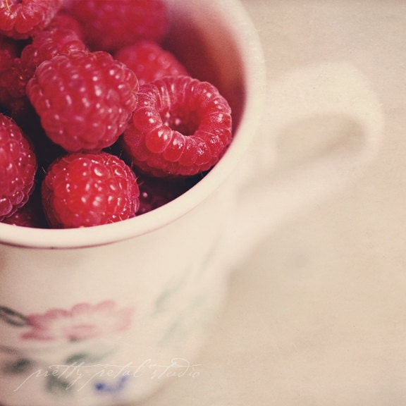 Fine Art Photograph, Plump Red Raspberries in a Tea Cup, Kitchen Art, Macro Photo, Food, Summer Fruit, Square 8x8 Print