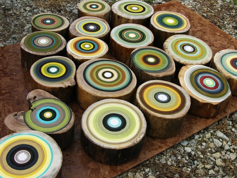 set of 18 eco friendly geometric painted tree rings in green hues