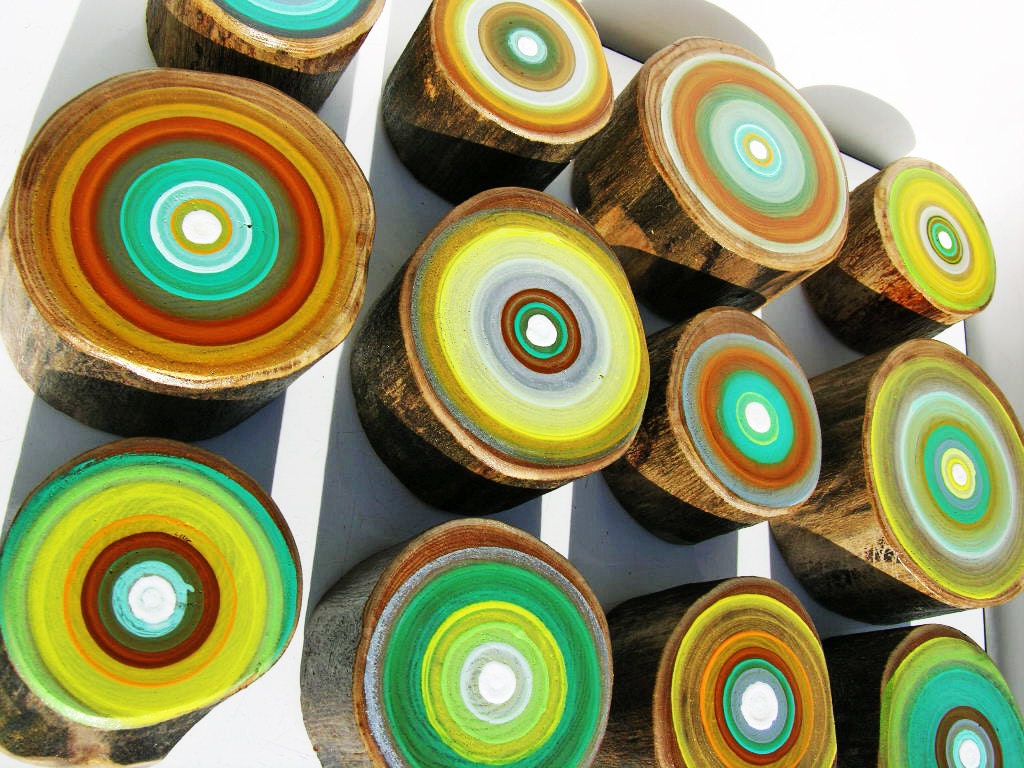Eco Friendly Abstract Art on Upcycled Wood 12 SMALL Tree Rings Great Anniversary Gift