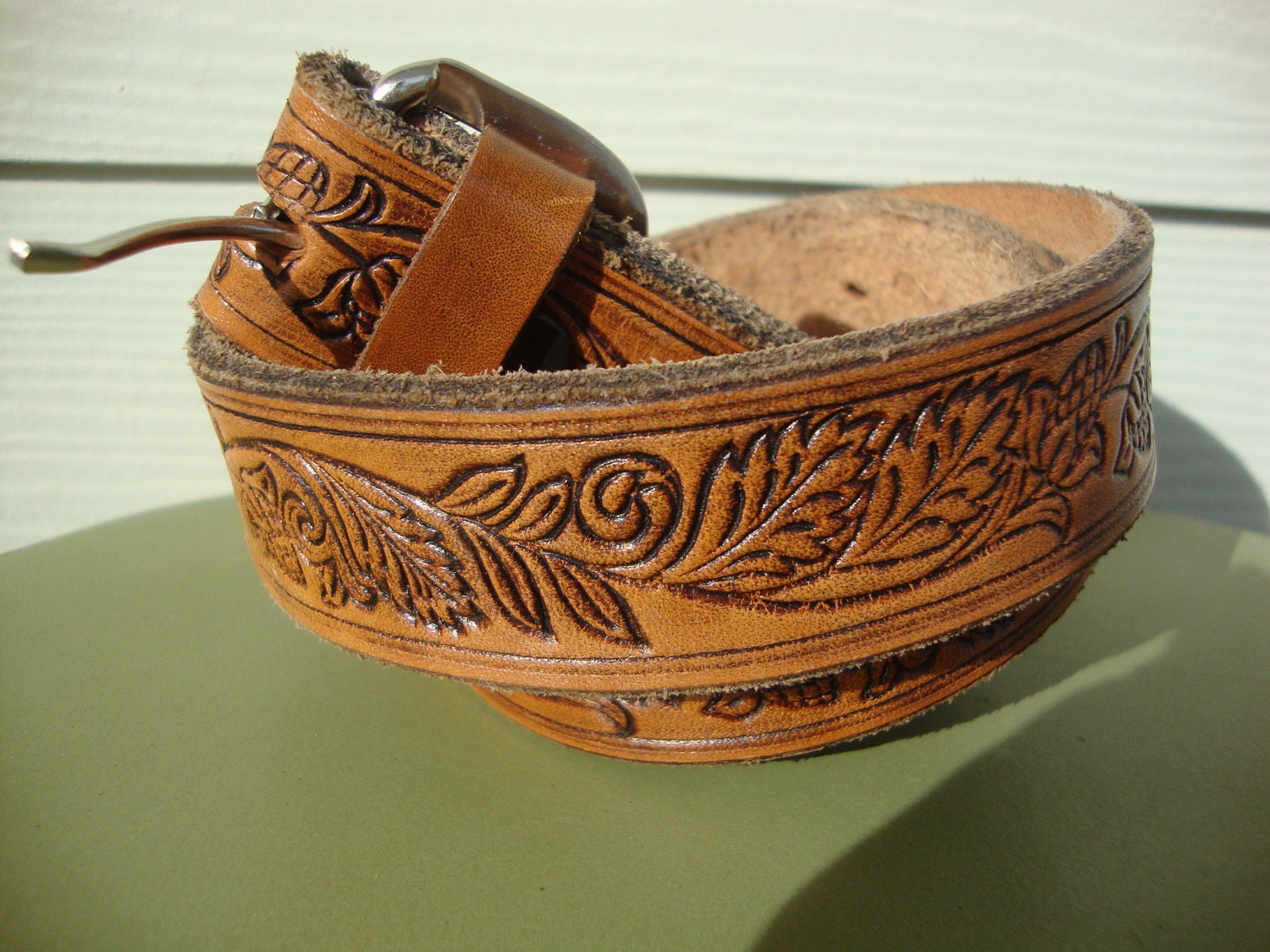 Vintage Hand Tooled Leather Belt Ivy Pattern "Sarita" XL 44