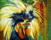 Rooster  mixed media painting collage print zne