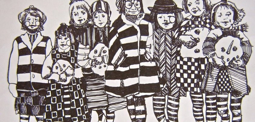 Illustration Children Girls Winter Scene Art Prints by Mary Vogel Lozinak      srajd zentangle zen tangle 14x10