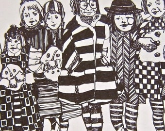 Illustration Children Girls Winter Scene Art Prints by Mary Vogel Lozinak      srajd zentangle zen tangle 14x10