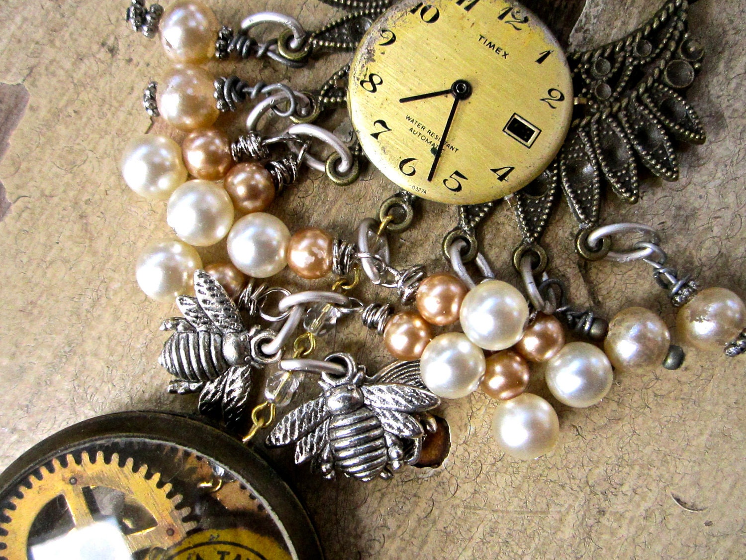 Steampunk Shabby Romantic Necklace Pocket watch,gears,beads, antique parts tateam zne srajd