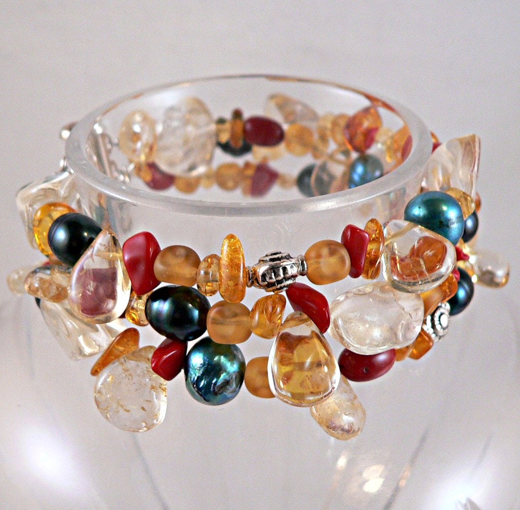 3-strand Semiprecious Stone and Pearl Bracelet, multi-strand bracelet - 'Opulent' (no. 631)