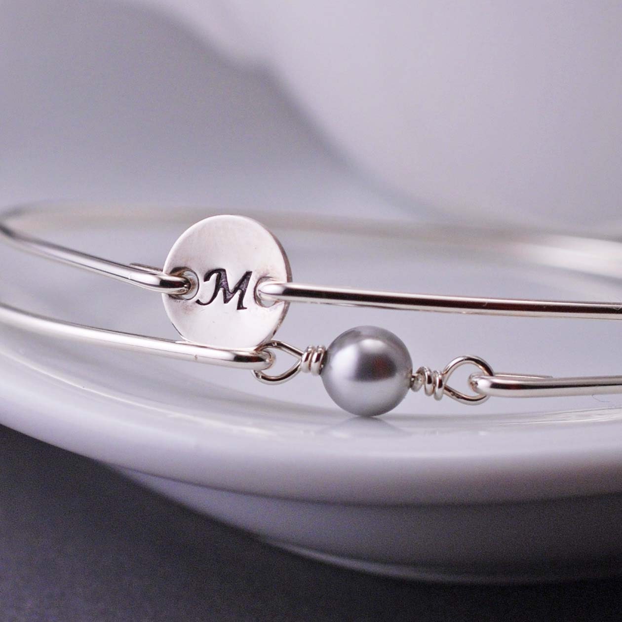 Initial Monogram Bracelet,  Pearl Bracelet Set, Initial Charm Sterling Silver Bangle Bracelet, Personalized Bracelet, Modern Bangle Bracelet