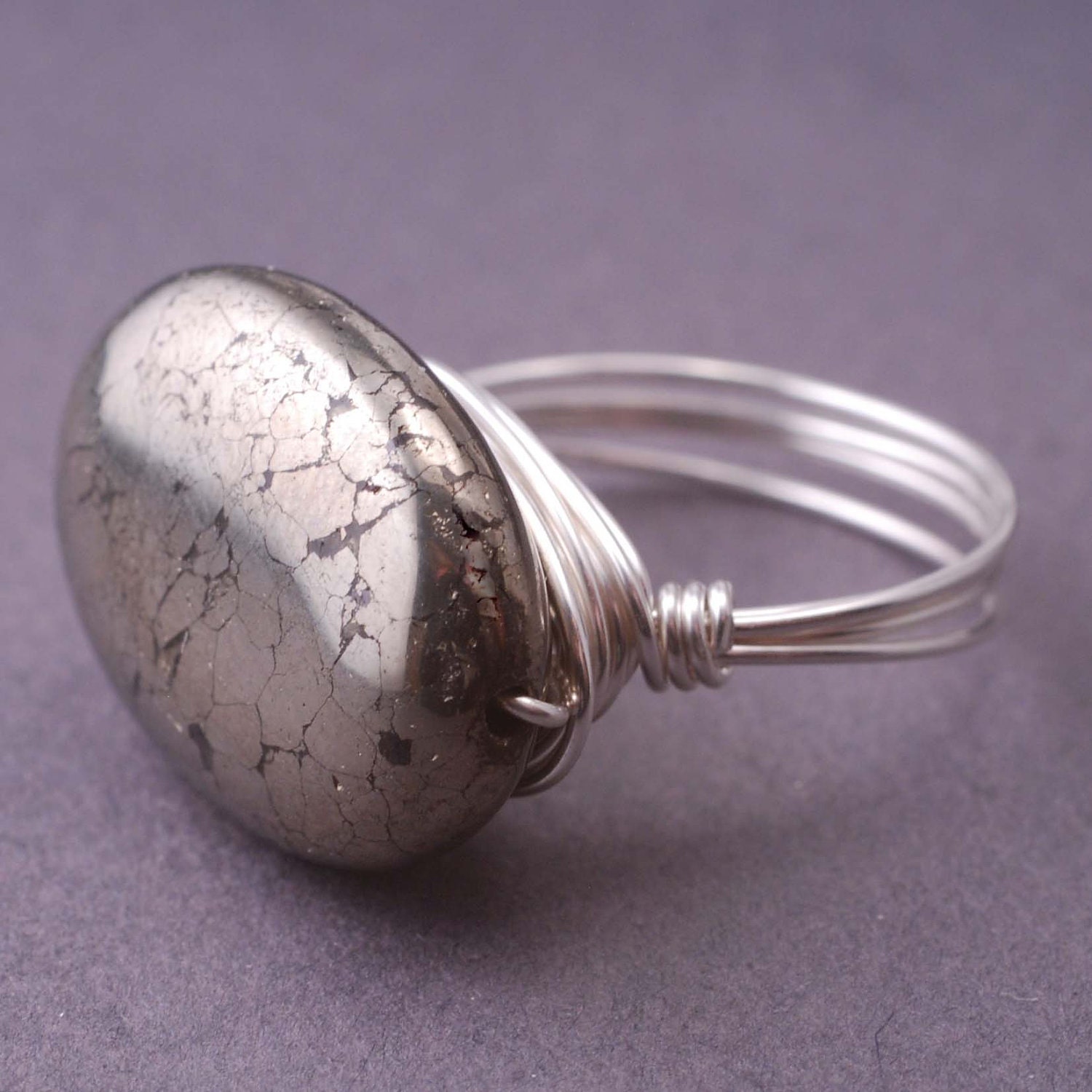Pyrite Ring, Fool's Gold Ring, Sterling Silver Wire Wrapped Ring, Cocktail Ring