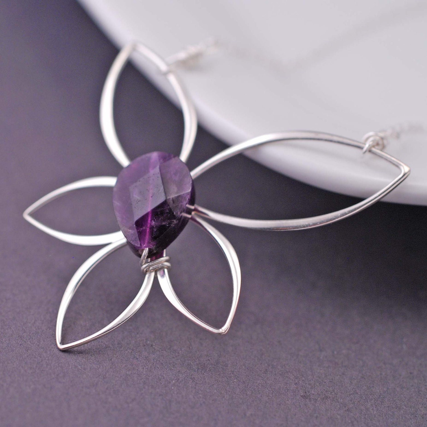 LAST ONE - Amethyst Necklace, Lotus Flower Necklace, Sterling Silver Purple Lotus Blossom Necklace