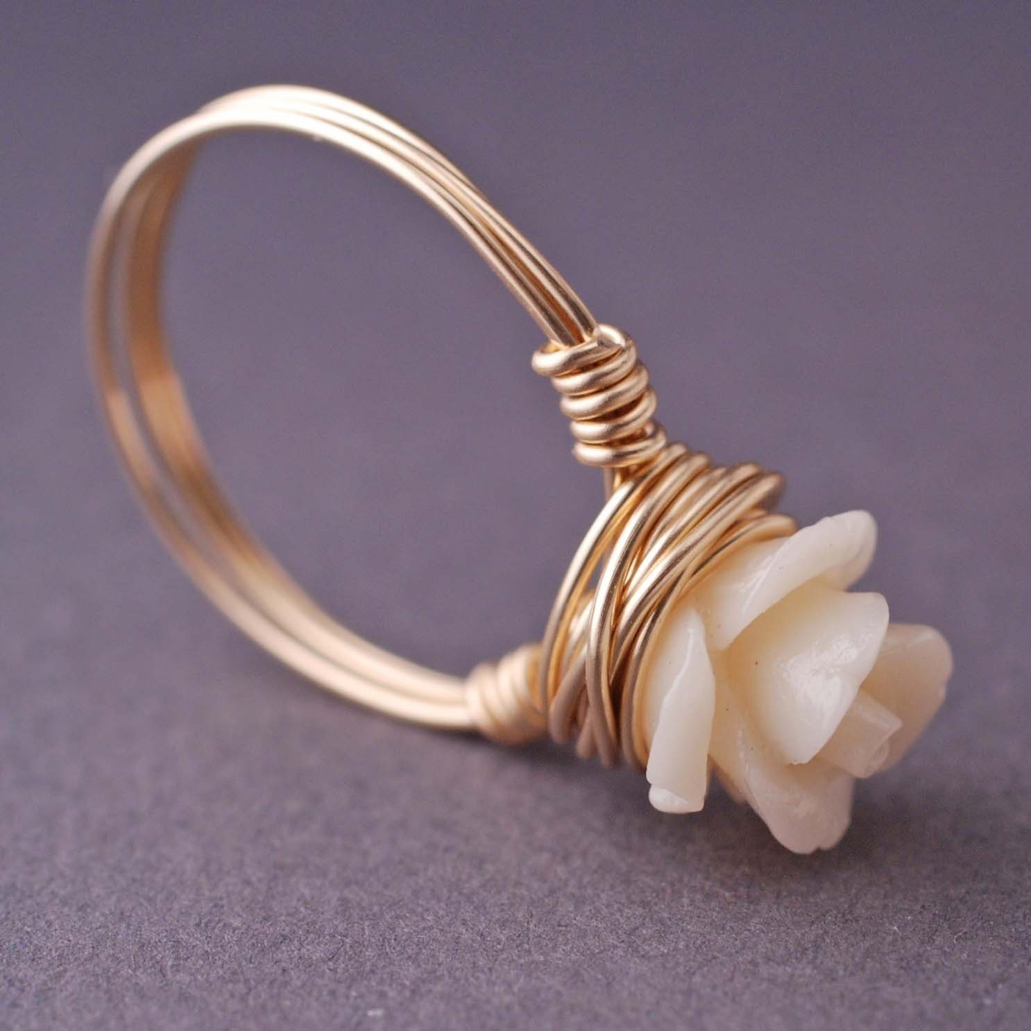 Gold Rose Ring Wire Wrapped Cream Coral, Small Rose Ring, Gold Ring
