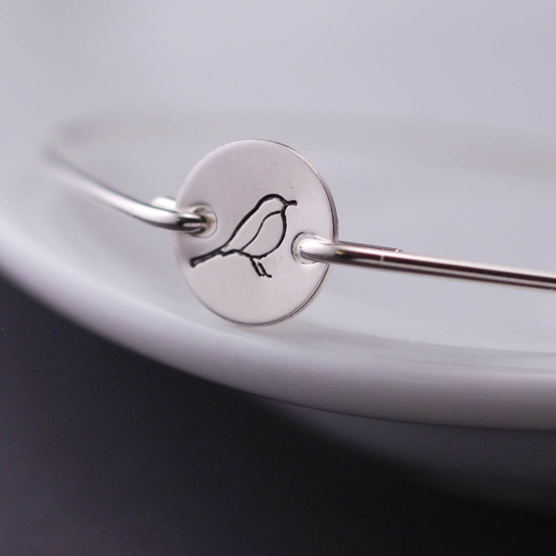 Bird Bracelet, Silver Bird Jewelry, Hand Stamped Bird Bangle Bracelet, Nature