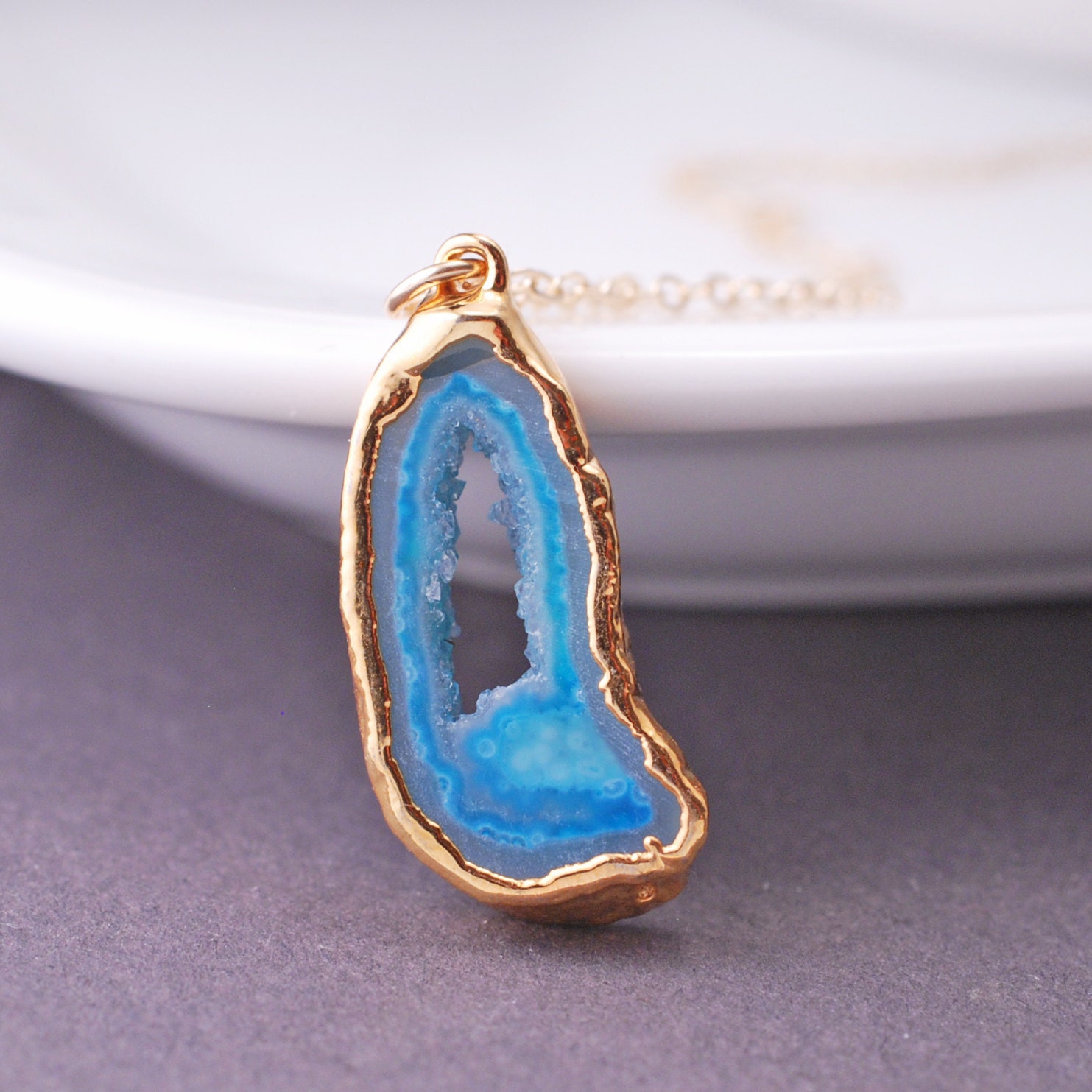 Druzy Crystal Jewelry, Agate Slice Necklace, Gold Druzy Agate Necklace, Blue Agate Necklace