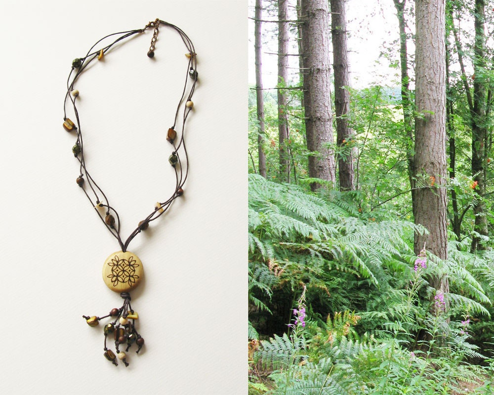 Multi strand shell, wood and glass necklace with woodburned pendant "Forest Floor"