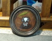 Round frame white cat with red flowers OOAK painting