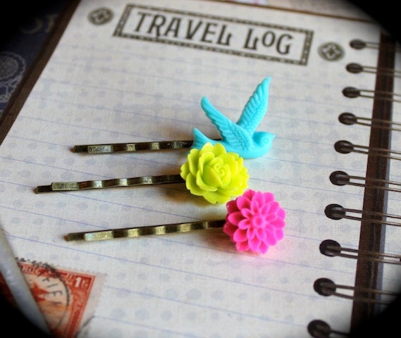 Blue Bird with Fuchsia and Lime Green Flowers- Flower Brass Hair Pins Trio