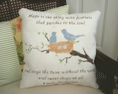 Hope in Color -  Cream Burlap Pillow - Blue Bird in Nest Pillow with Emily Dickinson Quote