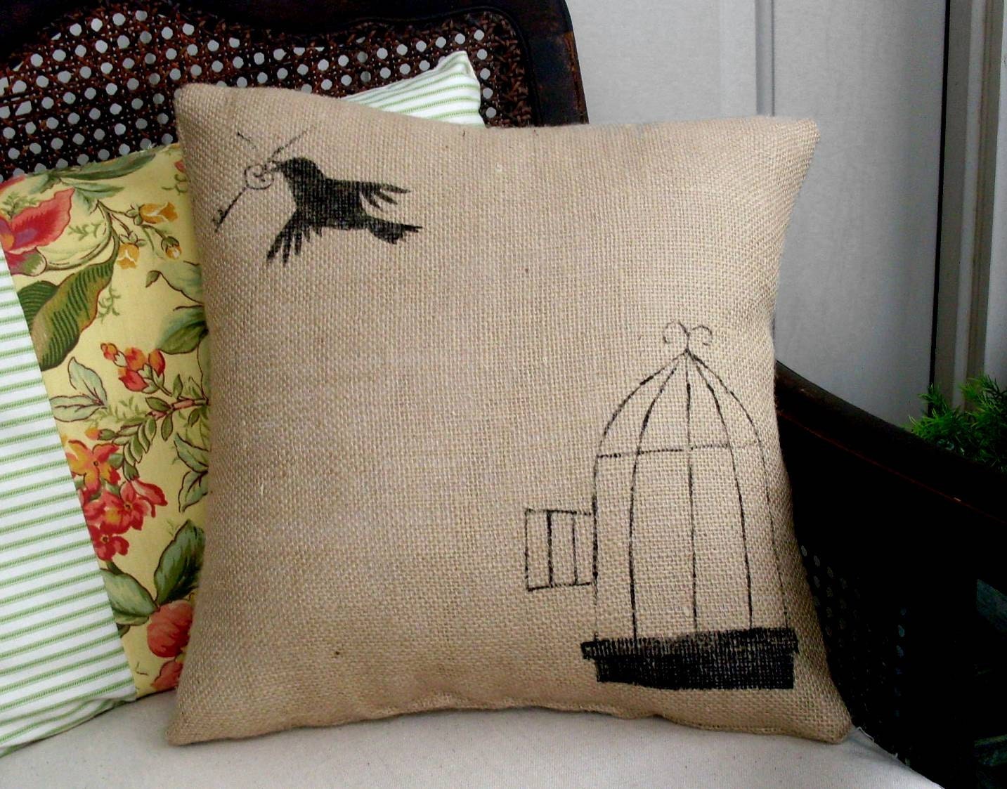 Free to Fly - Burlap Pillow - Bird Cage and Skeleton Key