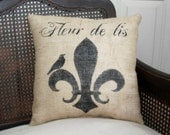 Fleur de lis with Bird - Burlap Feed Sack Pillow